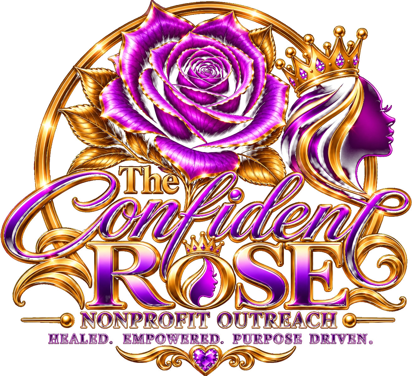 The Confident Rose Nonprofit Outreach primary logo — purple-and-gold 3D emblem with crowned rose, feminine silhouette, and the wording NONPROFIT OUTREACH and tagline Healed. Empowered. Purpose Driven.
