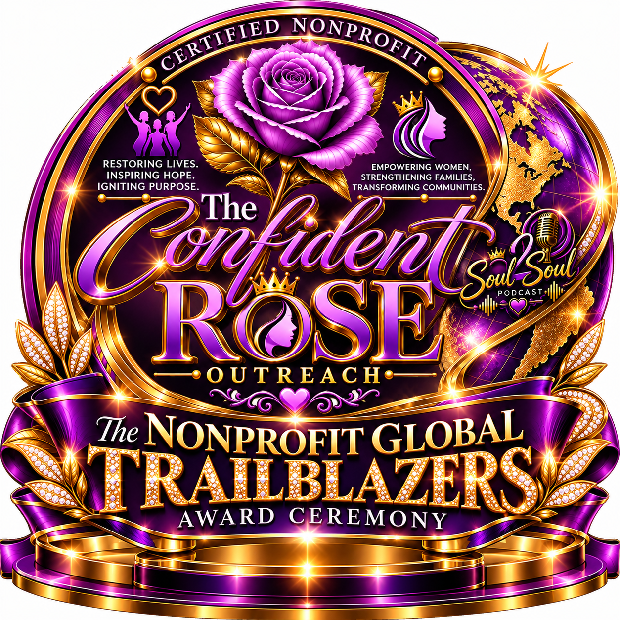 The Confident Rose Outreach — The Nonprofit Global Trailblazers Award Ceremony — Soul2Soul Podcast emblem featuring a purple rose, globe, Soul2Soul microphone, crowns, and gemstones on plum and gold.